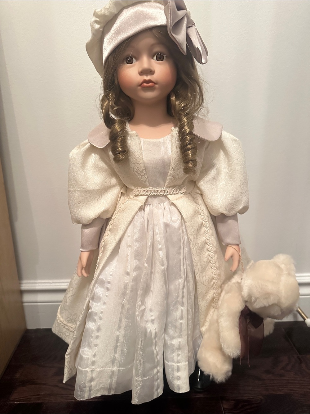 Vintage porcelain doll in Cream Dress with Hat
